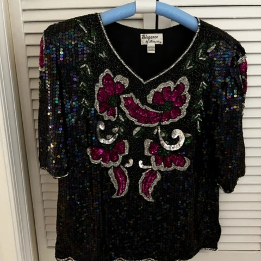 Holiday/Formal-Affair Ready! Silk Floral Design Sequin Top Sz Medium - Picture 2 of 12
